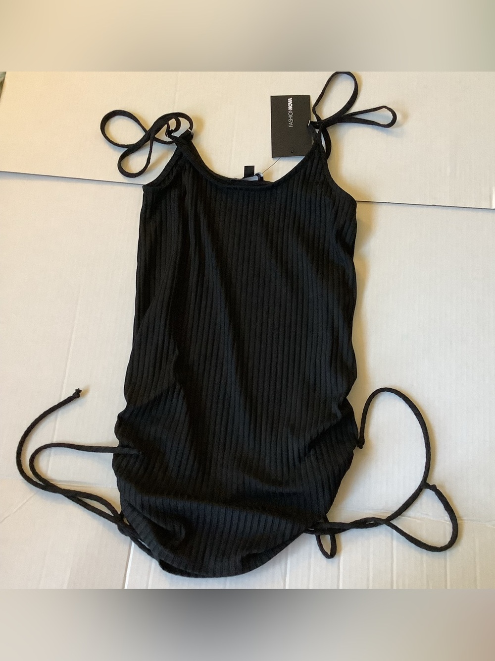 Fashion Nova Black Ribbed Cami Top NWT Ruched L Large